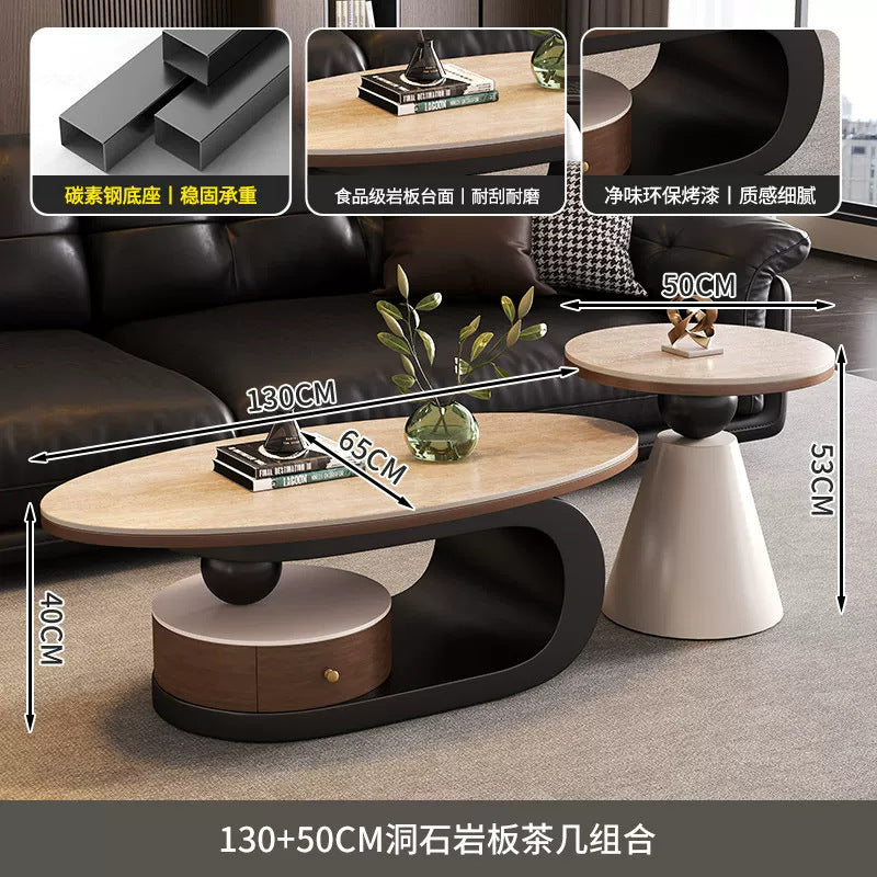 Wabi-sabi style coffee table, oval rock slab combination, small apartment home living room, retro high-end storage design tea table