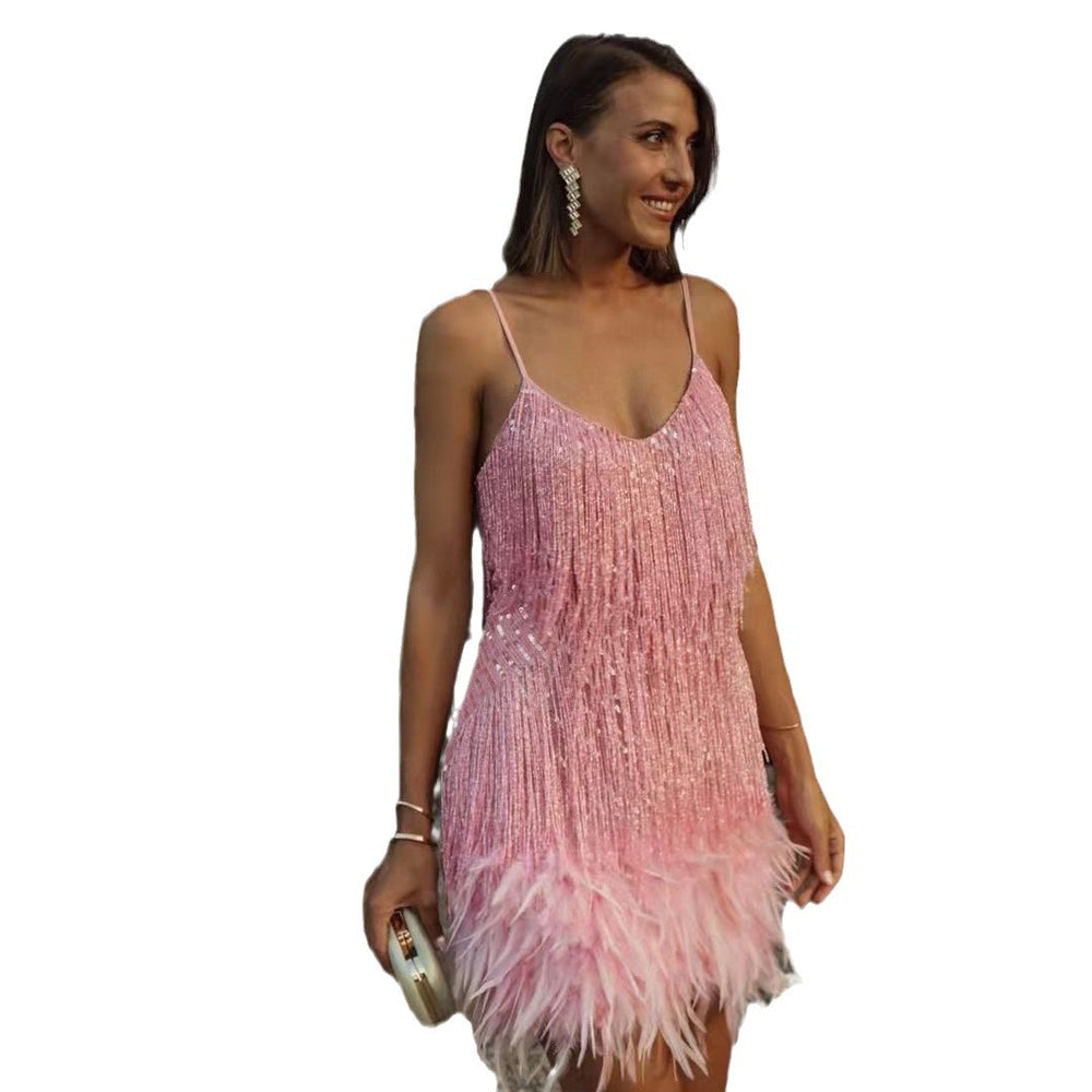 summer new fashion tassel sequin feather patchwork dress -  bestseller, ready to ship for women