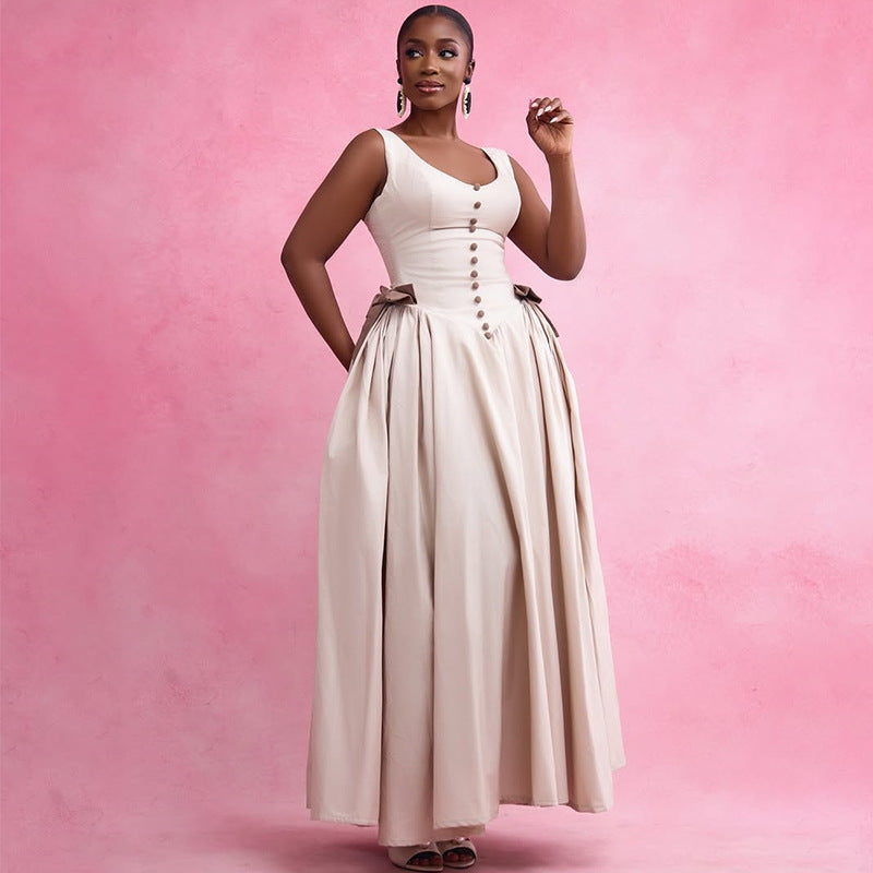 European and american cross-border women's fashion:  summer new arrival - elegant v-neck bow a-line high-waisted maxi dress