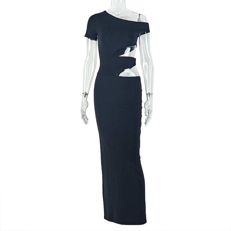 European and american style cross-border solid color elegant women's bodycon mini dress with cutout asymmetrical design - evening party gown