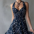 european and american halter floral dress -  bestseller, v-neck, slim fit, vacation style midi dress - cross-border e-commerce