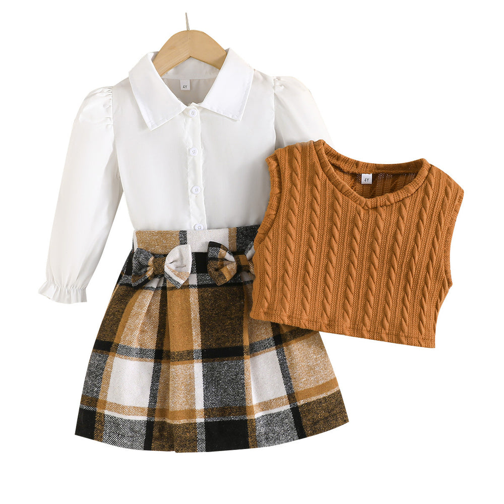 new bowknot plaid mini skirt cross-border three-piece knitted vest girl's outfit autumn/winter