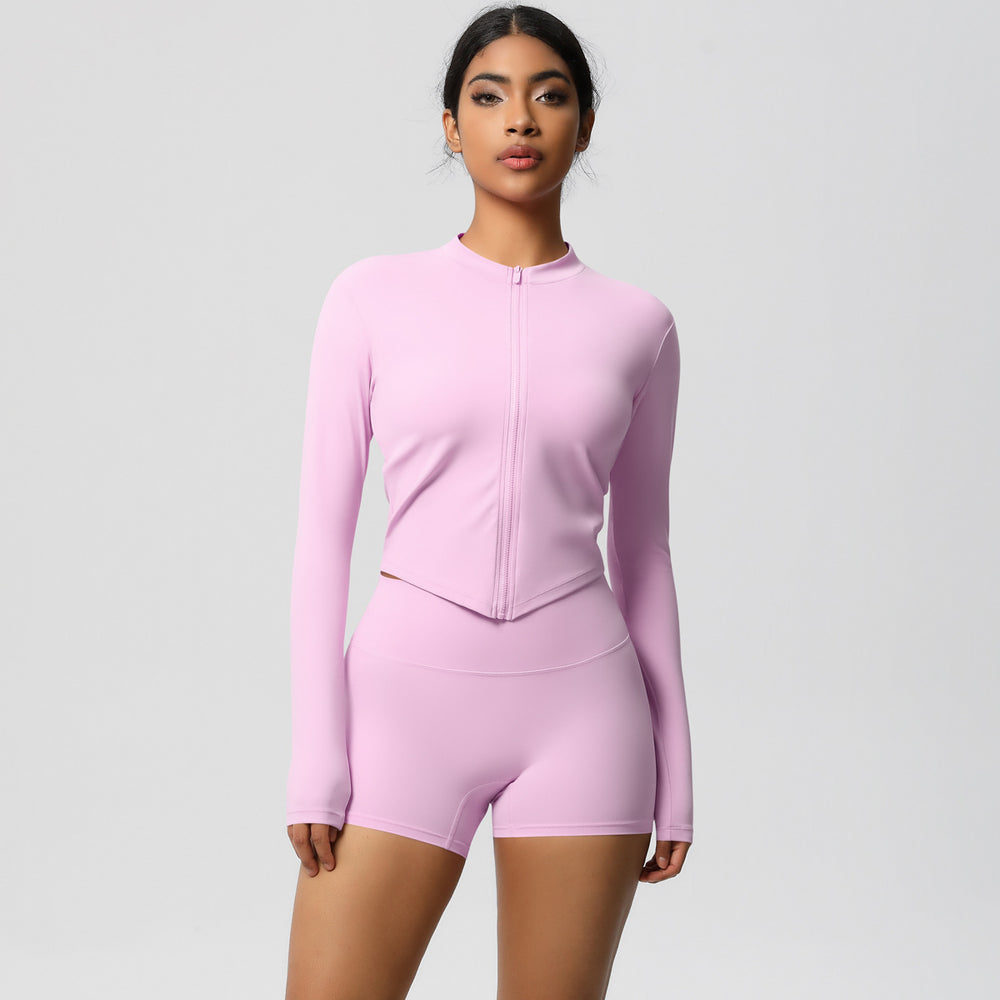 pure color brushed nylon nude zipper outwearlong sleeves yoga suit tight running sports fitness suit