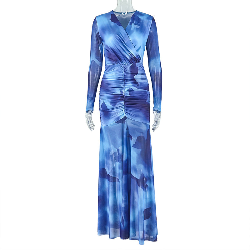 European and american style ins cross-border waist-cinching work clothing women's printed breathable long-sleeved hip-covering skirt elegant socialite v neckdress