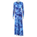 European and american style ins cross-border waist-cinching work clothing women's printed breathable long-sleeved hip-covering skirt elegant socialite v neckdress