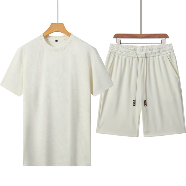 Summer American trendy brand men's casual suit short-sleeved T-shirt + shorts two-piece set, modern strip fabric