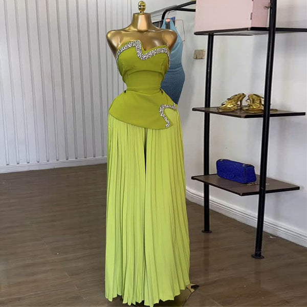 European and American  women's clothing 2025 summer new heavy industry tube top with diamonds irregular top pleated wide-leg pants set