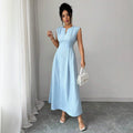 european and american cross-border summer new arrival: light blue pleated sleeveless a-line maxi dress - commute chic & elegant