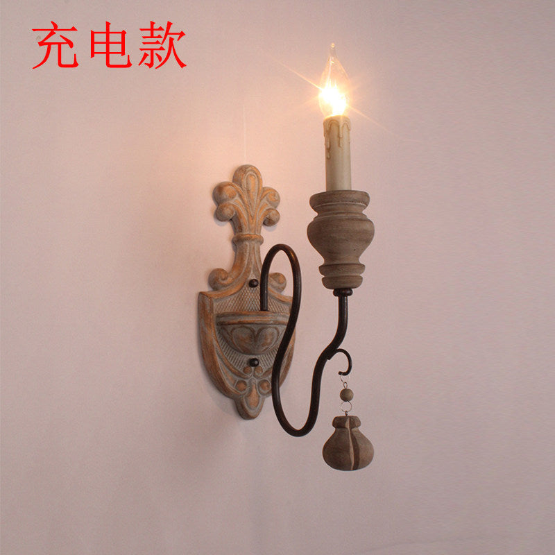 American retro wall lamp - cordless charging, solid wood, french style for living room, bedroom, bedside, hallway, stairway, candle wall sconce