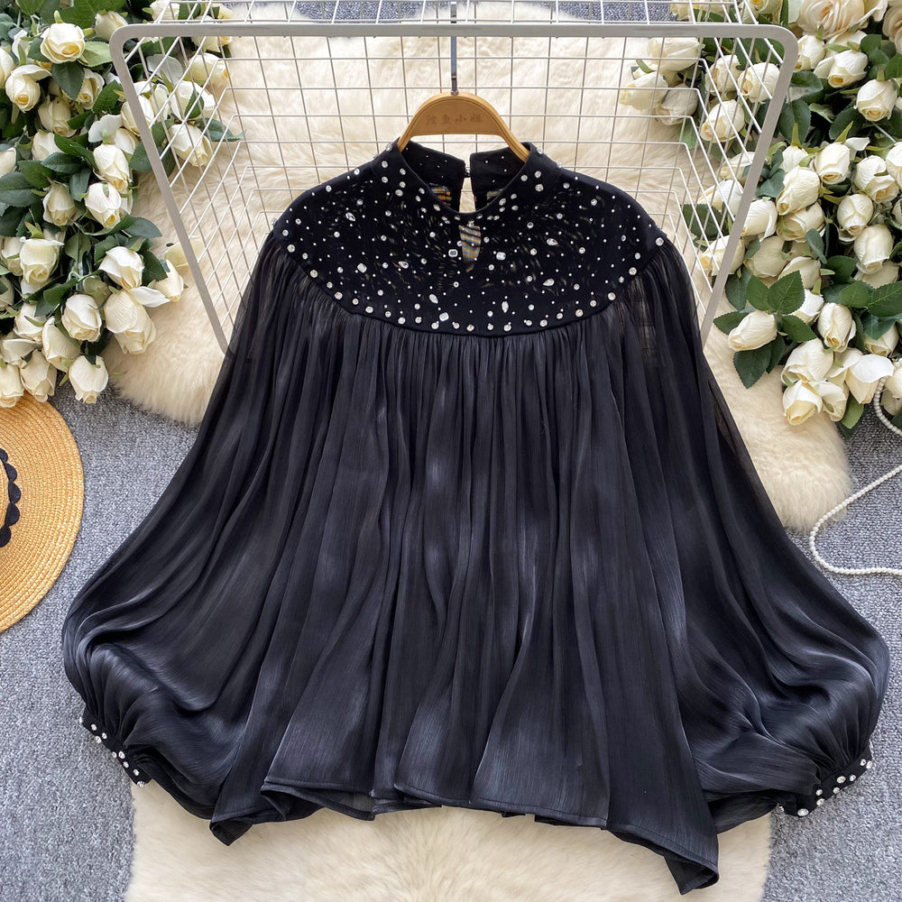 French style palace style heavy industry hot diamond mesh patchwork lantern sleeve streamer mesh shirt loose flesh-covering tops