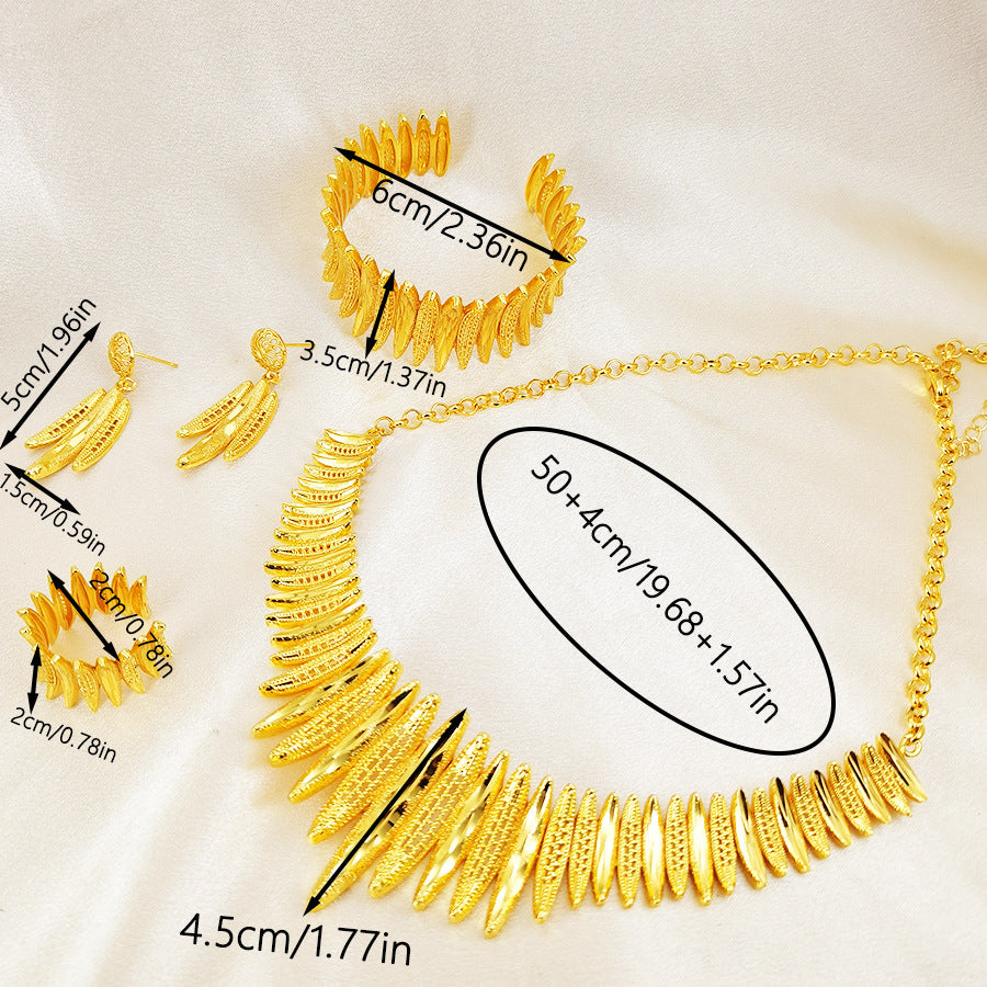 18k gold plated statement leaf jewelry set - dubai style openwork necklace, earrings, bracelet, and ring four-piece set - cross-border e-commerce