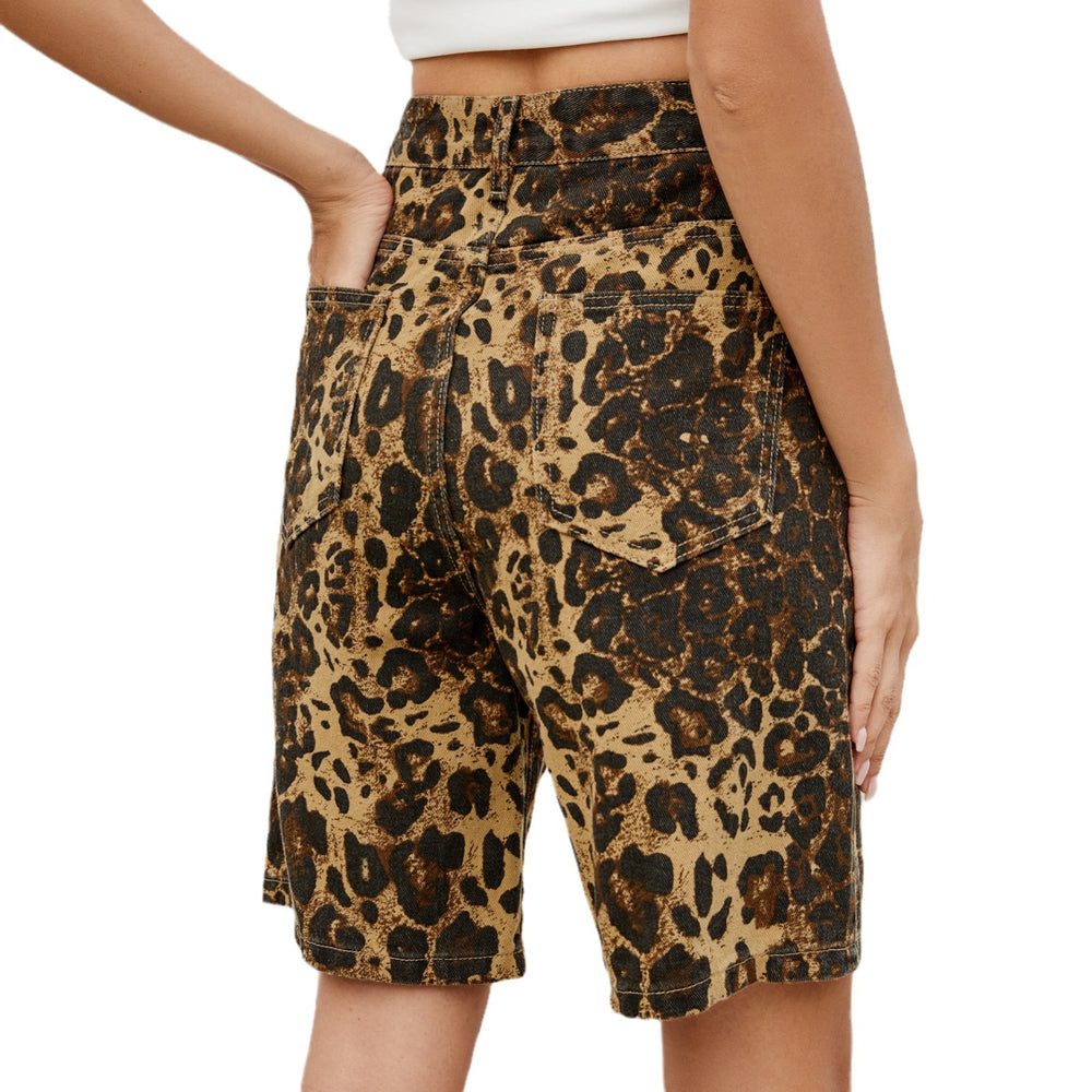 European and american cross-border  summer new arrivals:  &  washed casual retro leopard print slim-fit denim shorts