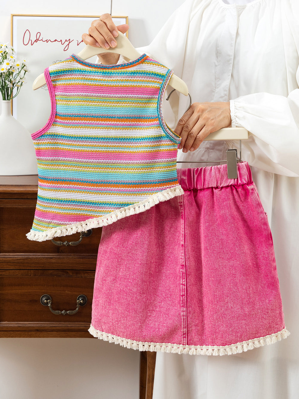 european and american style cross-border children's clothing: girls' lace trimmed striped top + washed denim skirt set (big kids)