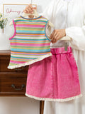 european and american style cross-border children's clothing: girls' lace trimmed striped top + washed denim skirt set (big kids)