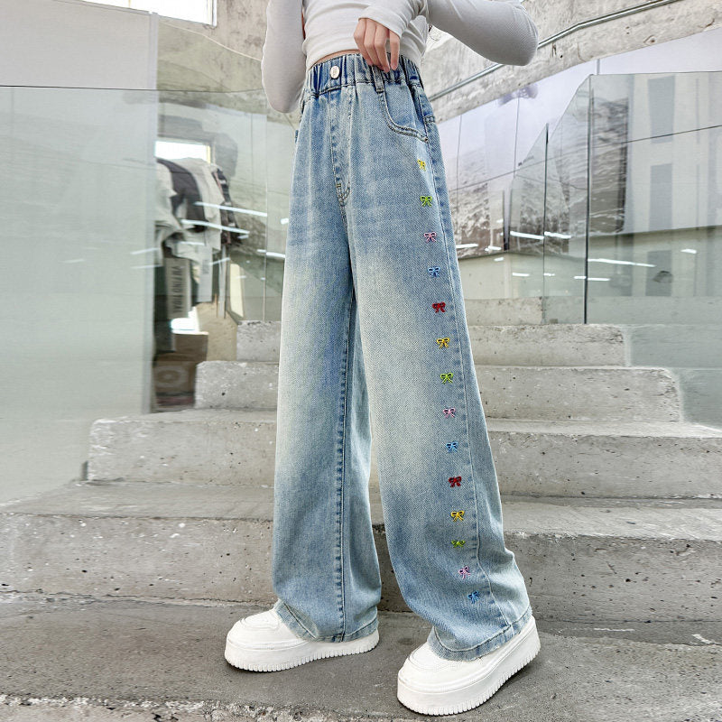 Girls' colorful bowknot denim jeans -  spring new style - stylish straight-leg pants for kids - loose, floor-length trousers for mid-to-large children