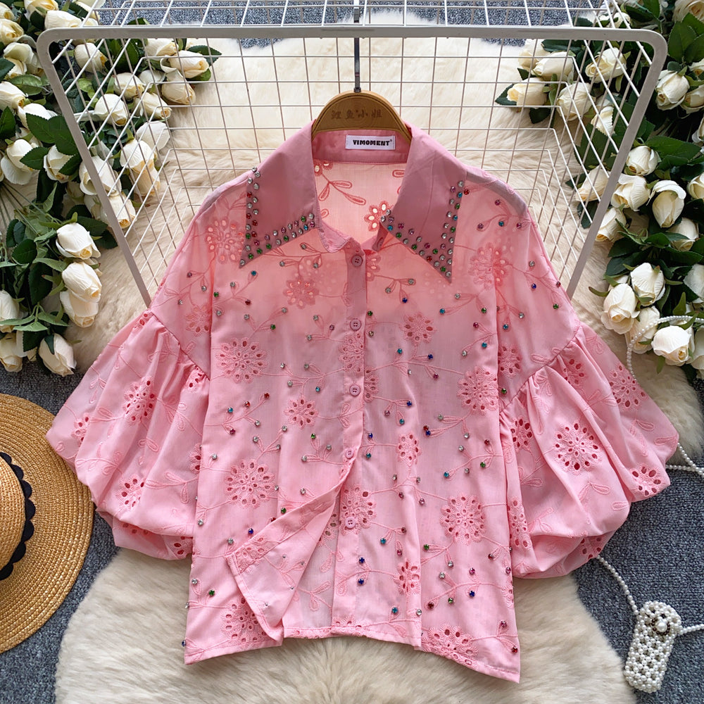 French chic court style blouse - women's fashionable, heavily embellished, rhinestone-studded, cutout embroidery, lantern sleeve top - versatile shirt