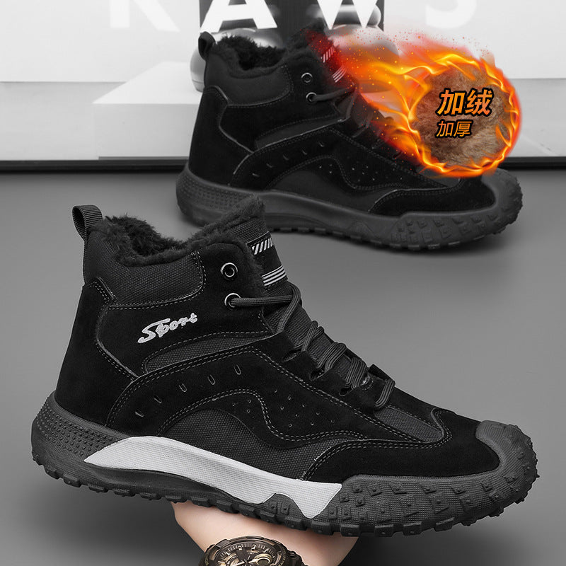 Winter fleece-lined thickened high-top cotton shoes, wear-resistant and anti-smash construction site safety shoes, hot-selling fashionable outdoor trendy work shoes