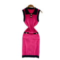 Xiaoxiangfengretrocontrast colorpolo collar sleeveless knittingdress women's summer french waist slimming looksweater short skirt
