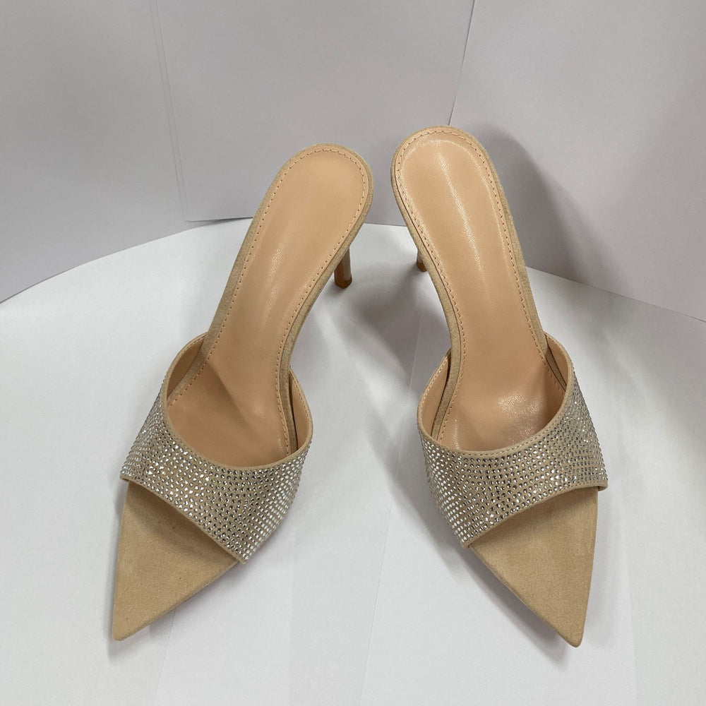 Summer women's stunning rhinestone stiletto heel mules - perfect with dresses, pointed-toe single strap high heels, sexy and comfortable for all-day wear