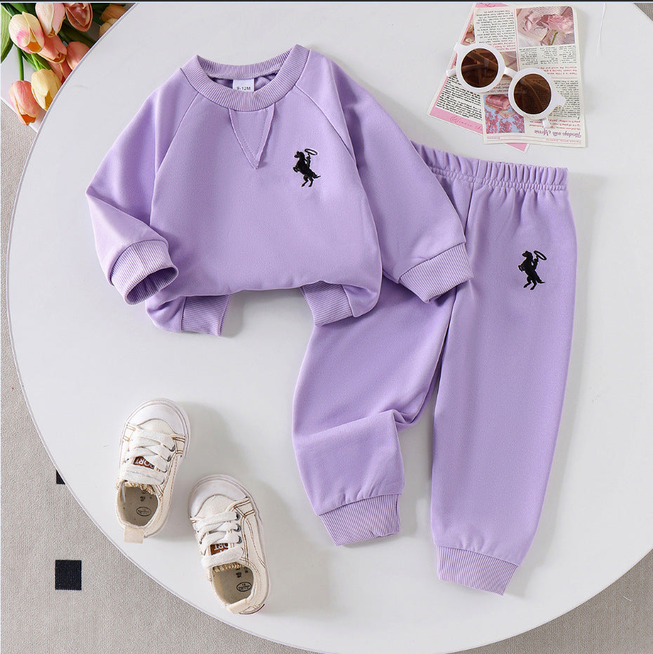 Amazon cross-border european and american girls' outfit: solid color knitted ribbed long-sleeve sweatshirt and sweatpants two-piece set for toddlers and young children
