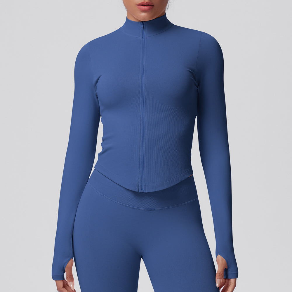 seamless pure color tight high elastic breathable stand collar zipper outwear sports running fitness yoga wear tops for women