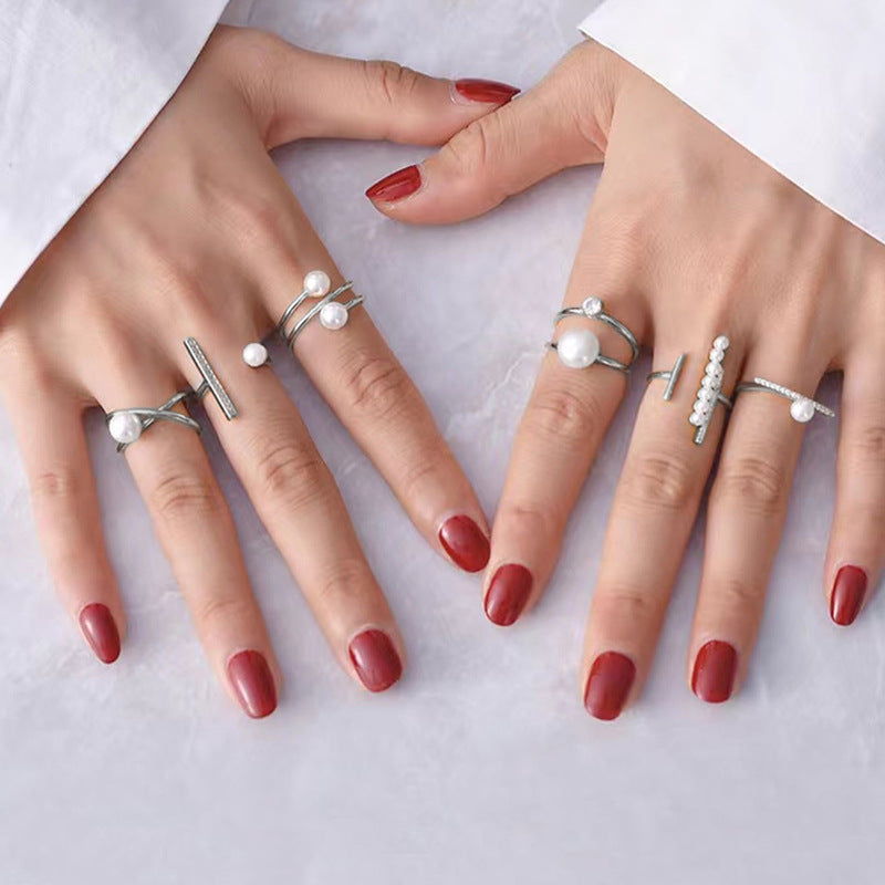 Wholesale alloy rings: european & american cross-border jewelry, women's high-end fashion, french minimalist pearl stacking ring set