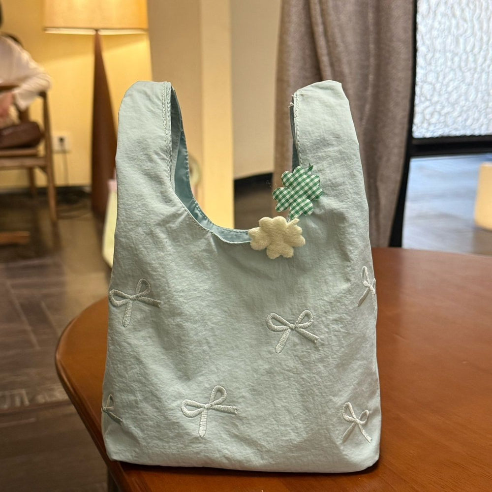 Mint green bow embroidered handbag - girly, portable mini tote bag for everyday commuting, cute storage pouch, exquisite design