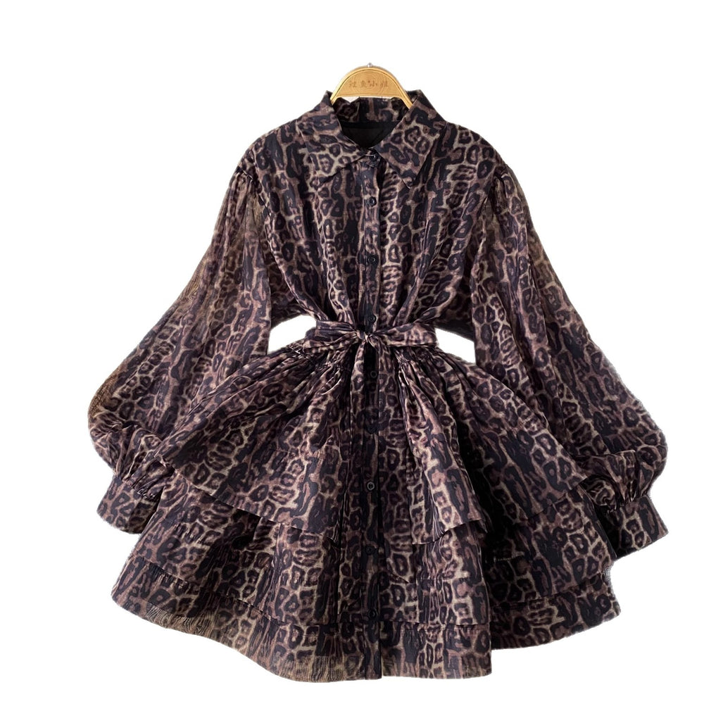 European and american style high-end printed lantern sleeve dress - women's summer tie-waist polo collar design elegant tiered dress