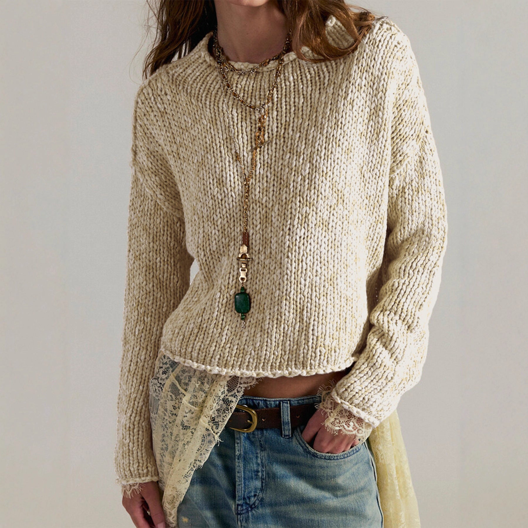 Cross-border Europe, America,  autumn popular women's clothing long-sleeved knitted round neck pullover solid color top high-end sweater