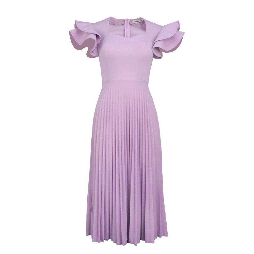 Am030117spring & fall purple square neck dress eleganceelegantcasualwork clothingpleated skirt dresses