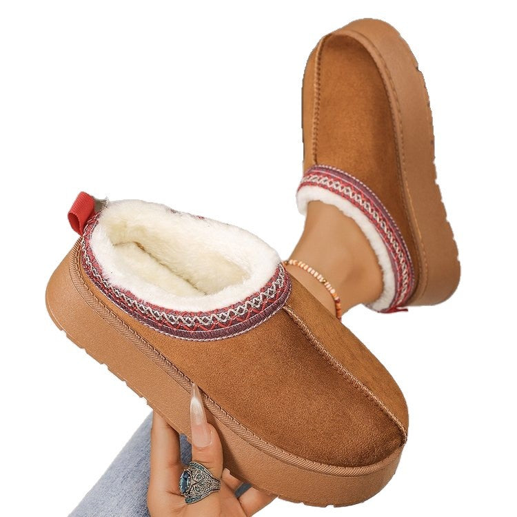 round toe suede rubber snow boots mid-heeled thick solefleece-linedheattech lace fashion cotton slippers for women
