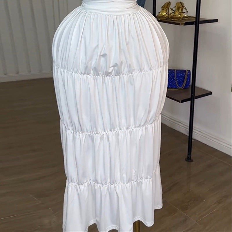 European and american cross-border women's fashion:  autumn new arrivals - sexy and elegant v-neck, waist-cinching white dress with ruched detailing