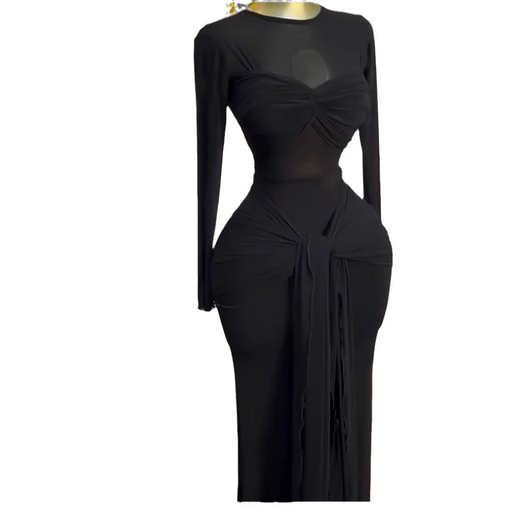 European and american cross-border women's fashion:  early spring new arrival - solid color long sleeve crew neck bandeau bodycon elegant maxi dress