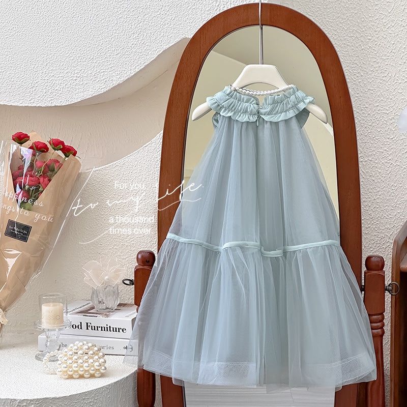 Girls' dress  summer korean style chic princess dress floral sleeveless mesh dress