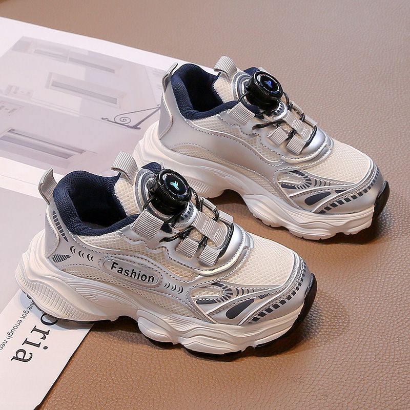 Autumn  new boys' lightweight chunky sneakers with rotating buckle, breathable mesh athletic shoes for little boys' running