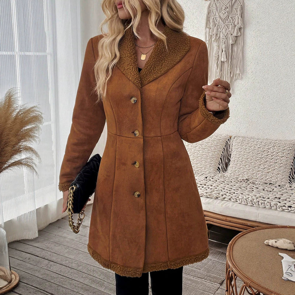 European and american retro style women's jacket - notch lapel, suede & lambswool patchwork, single-breasted, cinched waist, mid-length women's coat