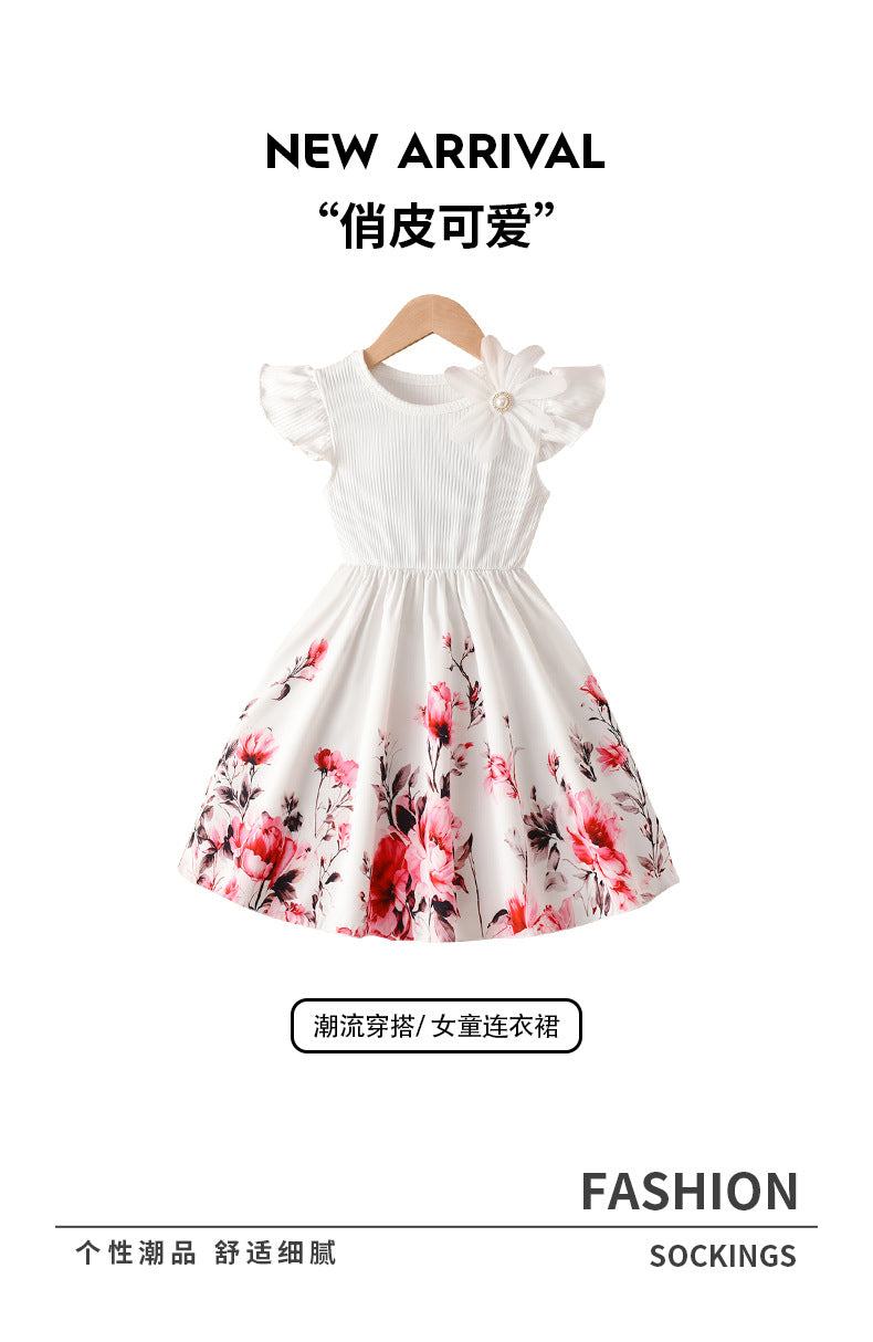 girls' white printed dress with flutter sleeves, 3d floral appliqués, cinched waist, and flared skirt - cute summer dress for kids