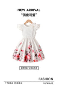 girls' white printed dress with flutter sleeves, 3d floral appliqués, cinched waist, and flared skirt - cute summer dress for kids