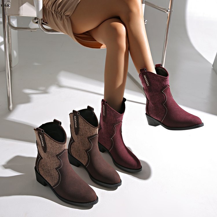 plus size square heel pointed toe denim short boots for women fall and winterfashion suede slip-on knight boots retro style