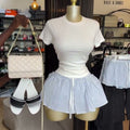 European and american cross-border women's fashion:  summer new arrivals - sweet & chic ruffle-trimmed striped a-line mini skirt with tie detail