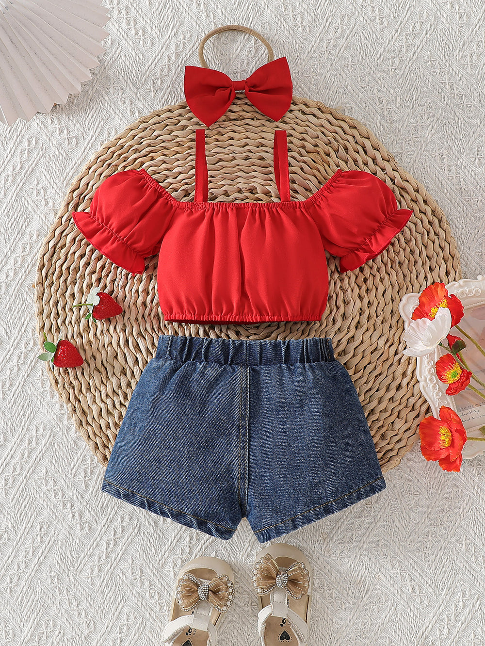 hot selling baby girl one shoulder ruffle suspender tops + strawberry embroidered denim short suit with headscarf