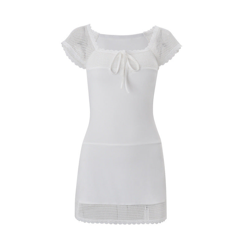 European and american women's clothing  summer new sexy elegant square neck hollow-out crochet slim-fit solid color short-sleeve dress