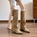 Pointed toe mid-heel hidden wedge over-the-knee boots with belt buckle detail - women's fall/winter french style suede fashion boots