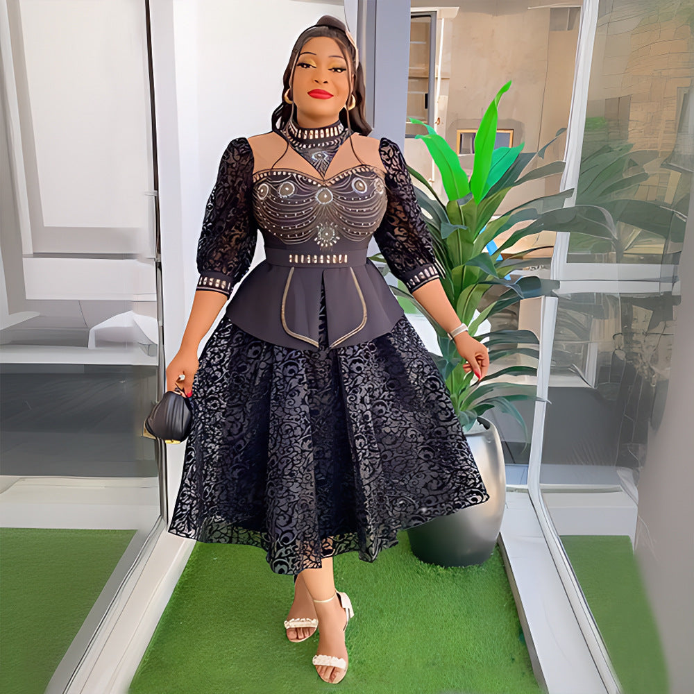 Fashion cross-border export women's clothing plus size african  hot diamond bubble beads waist slimming looklacepatchworkdress