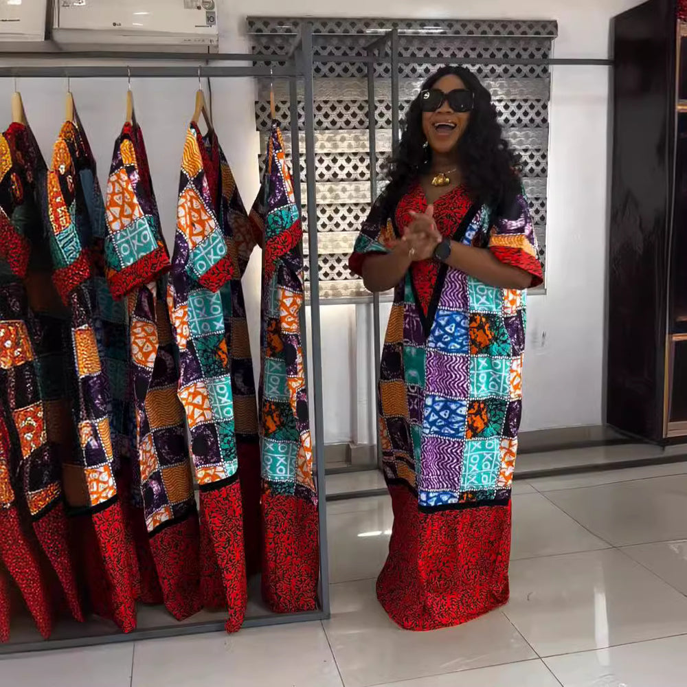 Aliexpress  plus size v-neck dress cross-border e-commerce african women's clothing color block print maxi dress