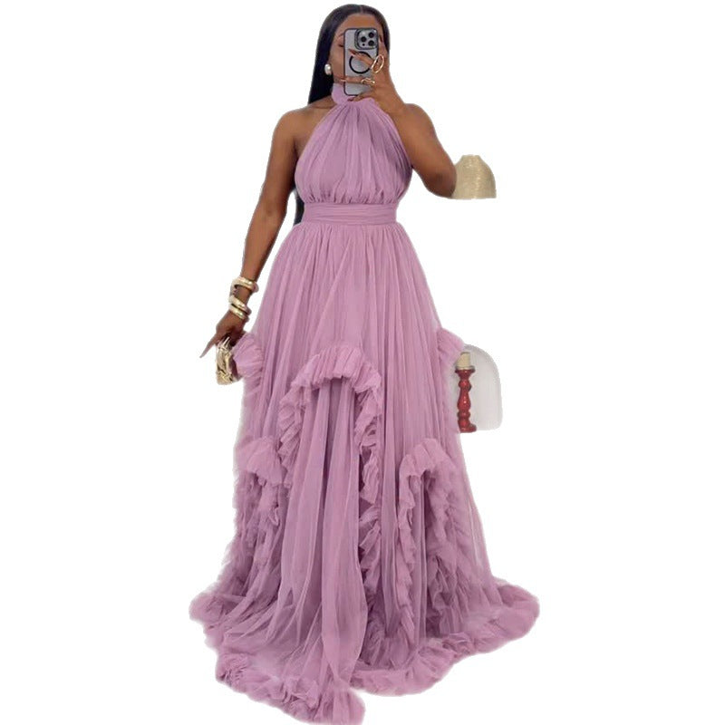 European and american cross-border women's fashion:  spring new arrival - sexy and elegant halter neck high-waisted design purple sleeveless dress