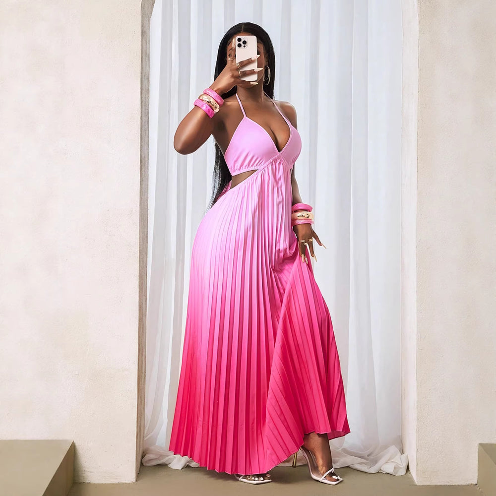 European and american export women's clothing  new elegant backless tie-up halter strapless pleated gradient color dress