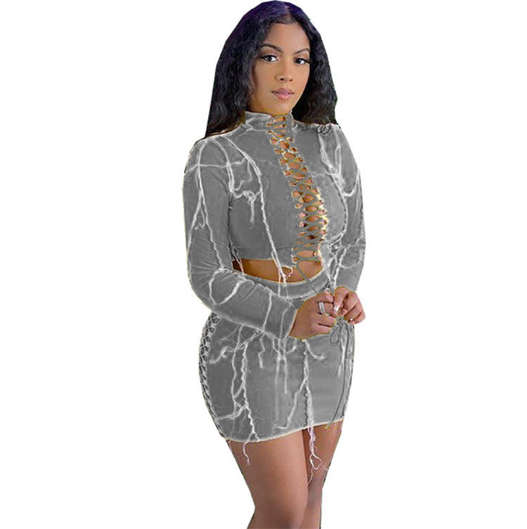 spring new european and american export women's clothing   fashionable sexy solid color drawstring mini skirt set