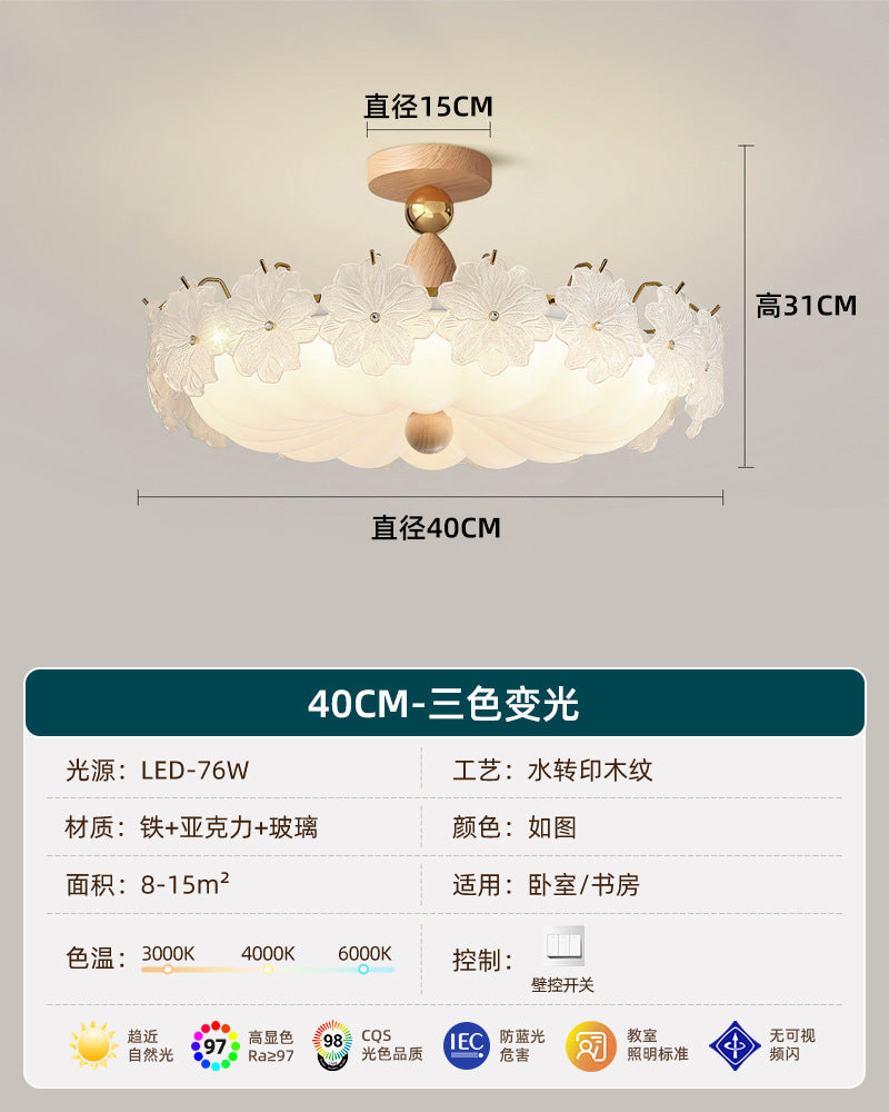 French retro embossed glass flower round ceiling light - walnut wood, soft light, cream style - perfect for kids' rooms and bedrooms