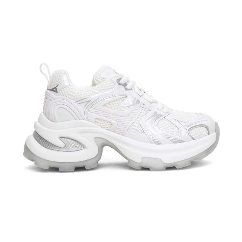 2026 spring/autumn new collection: chunky platform breathable mesh height-increasing dad shoes - space silver thick sole casual sneakers for women